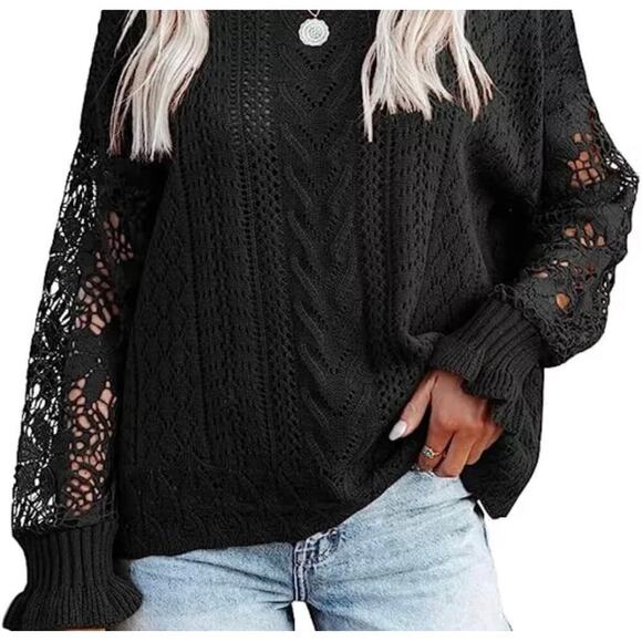 Fashion delicate crochet flower loose black sweater puff sleeve flared SZ XL - Picture 11 of 14
